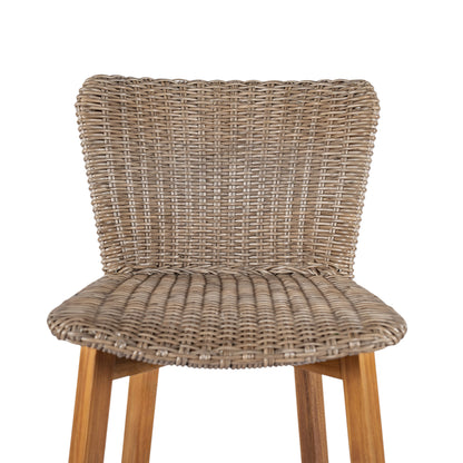Outdoor Bar Stool, Teak Finished Wood with Light Brown Wicker, Set of 2