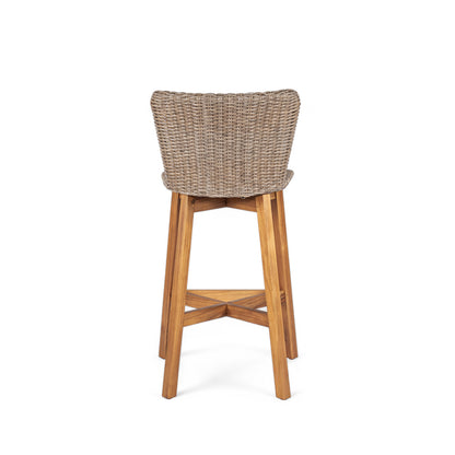 Outdoor Bar Stool, Teak Finished Wood with Light Brown Wicker, Set of 2