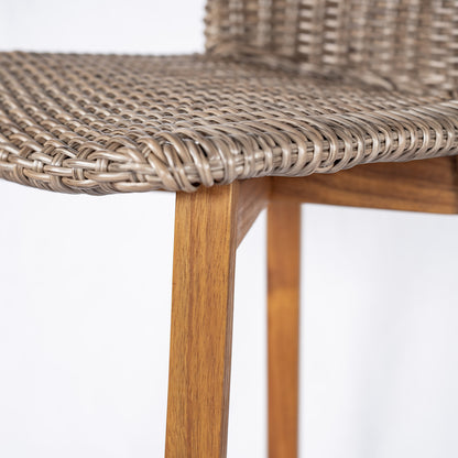 Outdoor Bar Stool, Teak Finished Wood with Light Brown Wicker, Set of 2