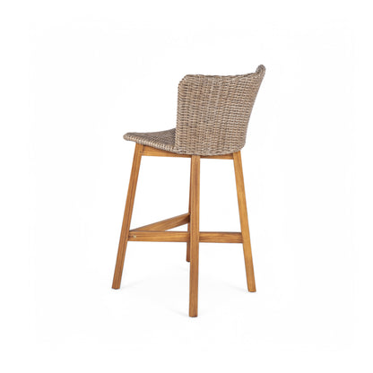 Outdoor Bar Stool, Teak Finished Wood with Light Brown Wicker, Set of 2