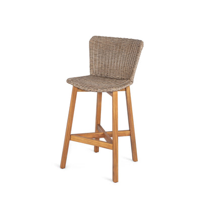 Outdoor Bar Stool, Teak Finished Wood with Light Brown Wicker, Set of 2