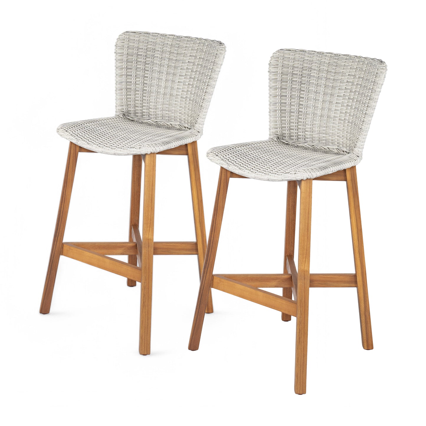 Outdoor Bar Stool, Teak Finished Wood with Light Grey Wicker, Set of 2