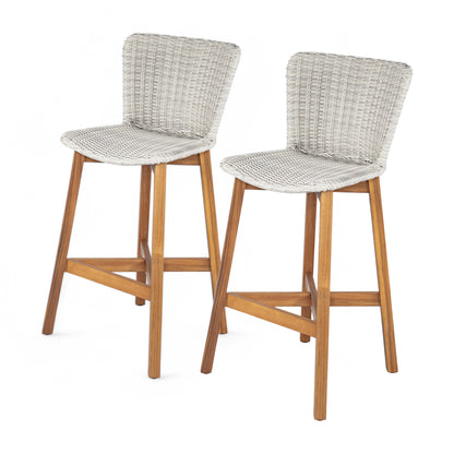 Outdoor Bar Stool, Teak Finished Wood with Light Grey Wicker, Set of 2