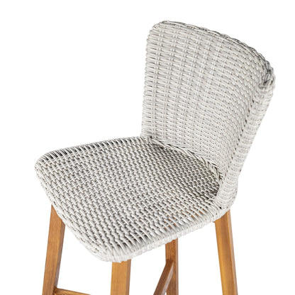 Outdoor Bar Stool, Teak Finished Wood with Light Grey Wicker, Set of 2