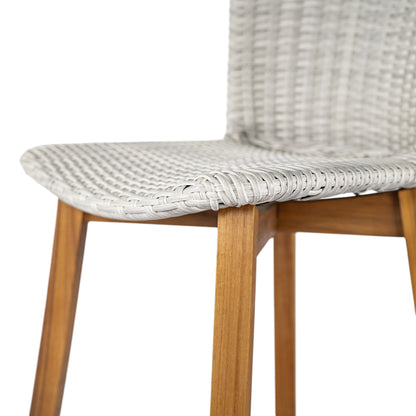 Outdoor Bar Stool, Teak Finished Wood with Light Grey Wicker, Set of 2
