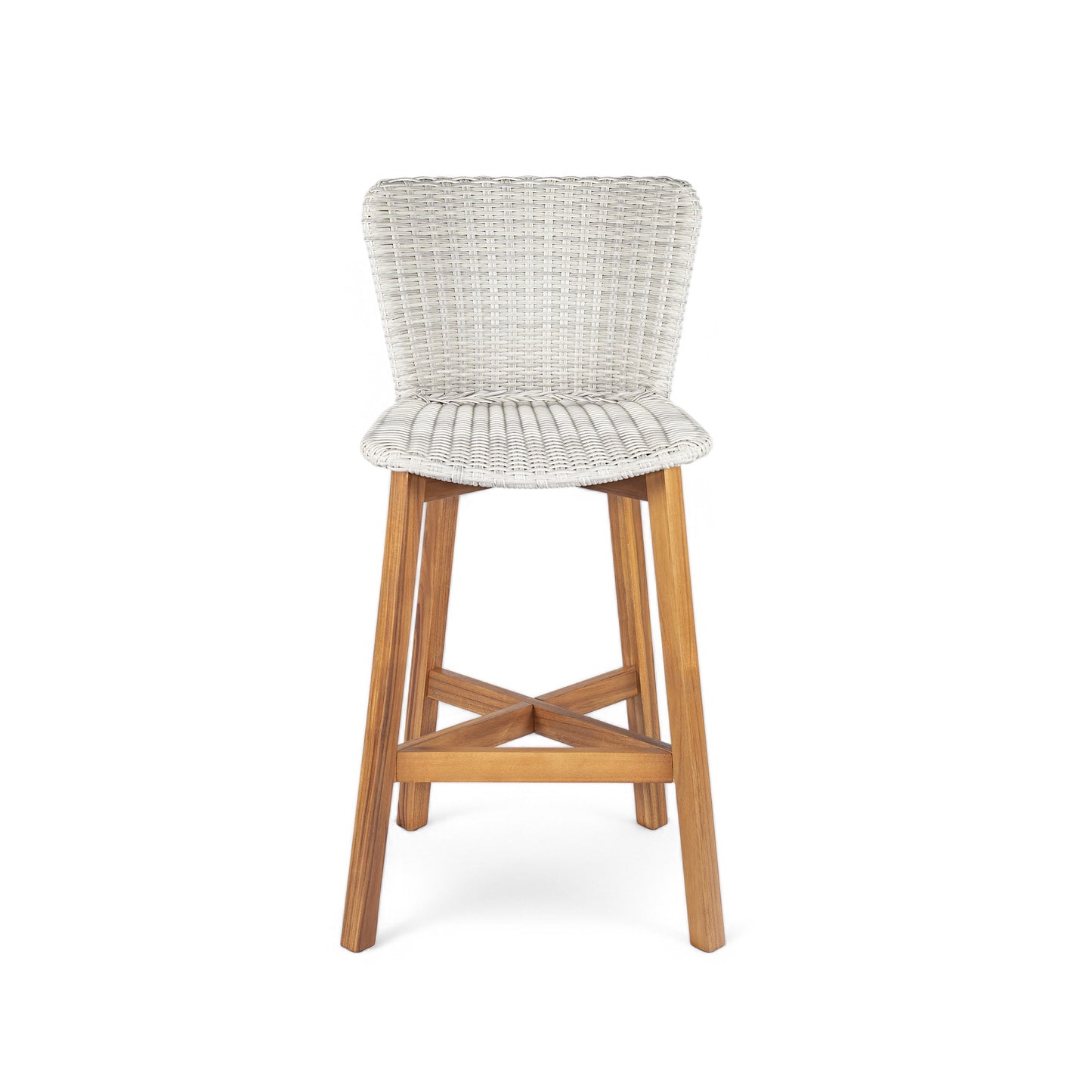 Outdoor Bar Stool, Teak Finished Wood with Light Grey Wicker, Set of 2