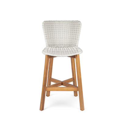 Outdoor Bar Stool, Teak Finished Wood with Light Grey Wicker, Set of 2