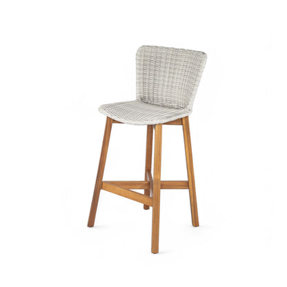 Outdoor Bar Stool, Teak Finished Wood with Light Grey Wicker, Set of 2