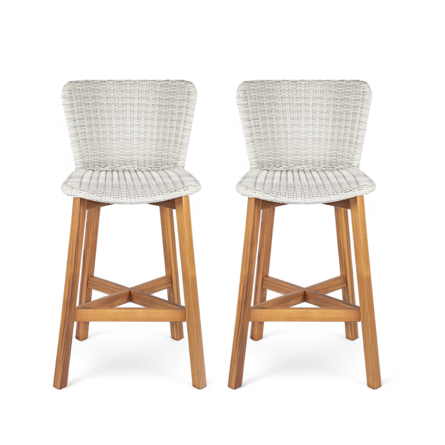 Outdoor Bar Stool, Teak Finished Wood with Light Grey Wicker, Set of 2