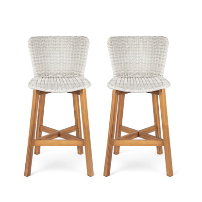 Outdoor Bar Stool, Teak Finished Wood with Light Grey Wicker, Set of 2