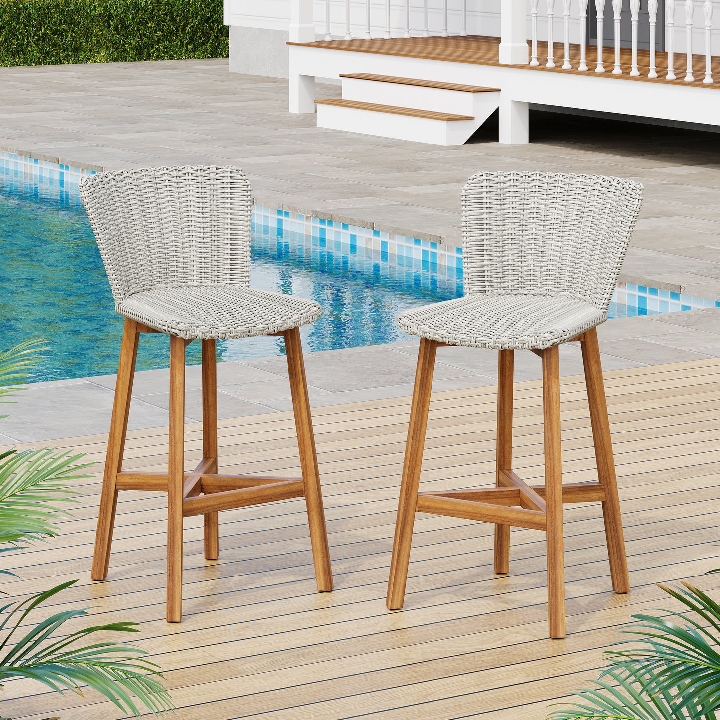 Outdoor Bar Stool, Teak Finished Wood with Light Grey Wicker, Set of 2