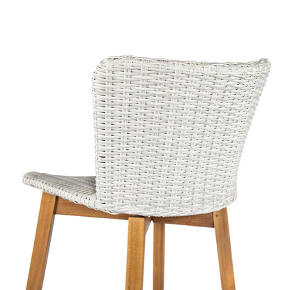 Outdoor Bar Stool, Teak Finished Wood with Light Grey Wicker, Set of 2