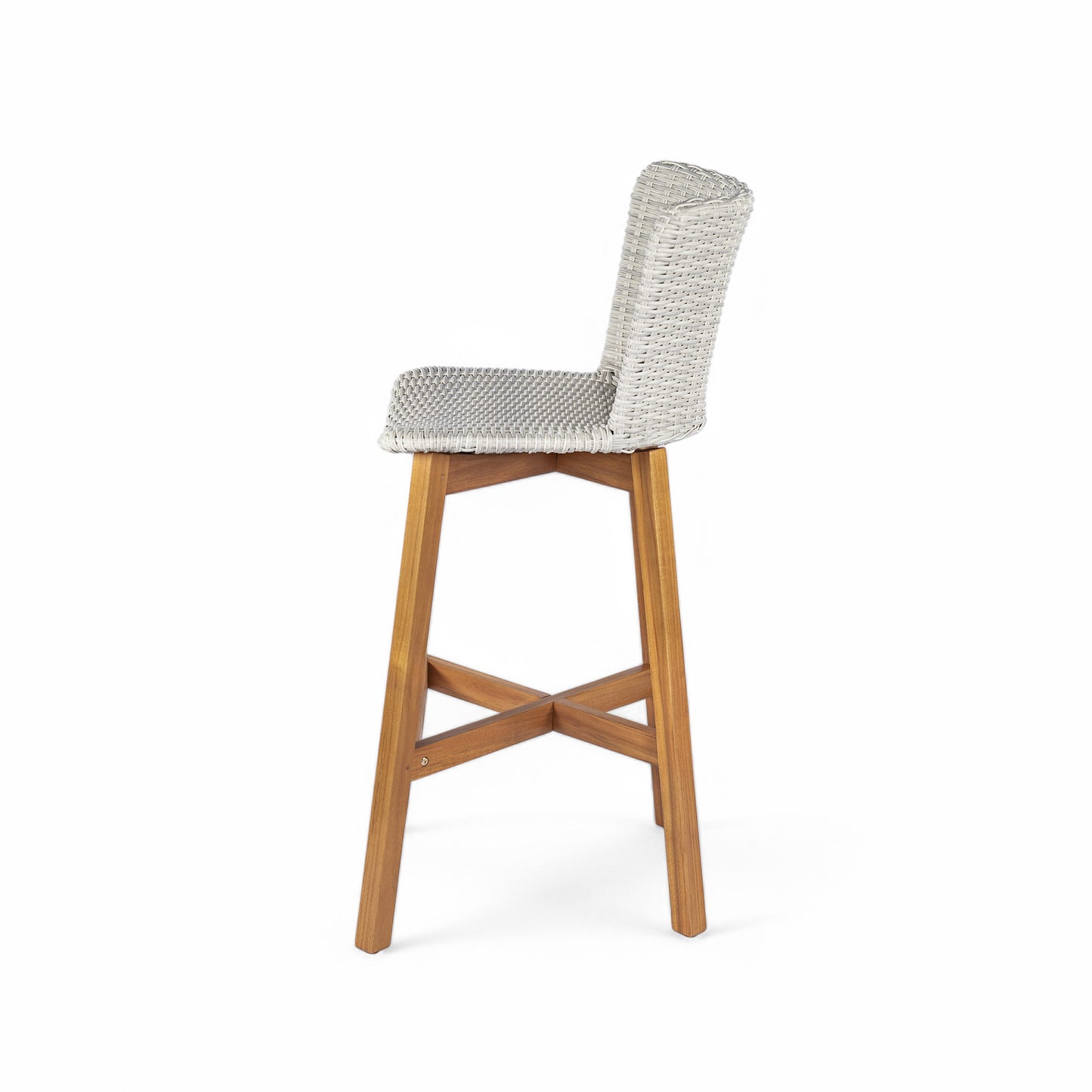 Outdoor Bar Stool, Teak Finished Wood with Light Grey Wicker, Set of 2