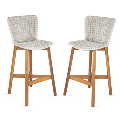 Outdoor Bar Stool, Teak Finished Wood with Light Grey Wicker, Set of 2