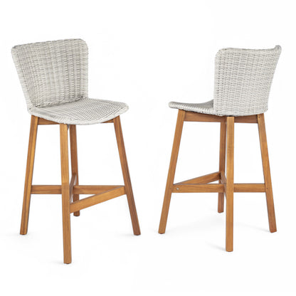 Outdoor Bar Stool, Teak Finished Wood with Light Grey Wicker, Set of 2