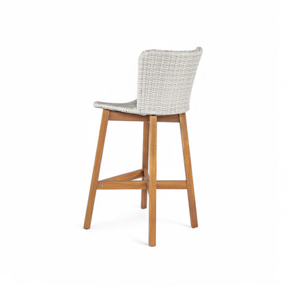 Outdoor Bar Stool, Teak Finished Wood with Light Grey Wicker, Set of 2
