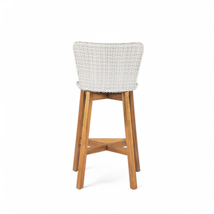 Outdoor Bar Stool, Teak Finished Wood with Light Grey Wicker, Set of 2