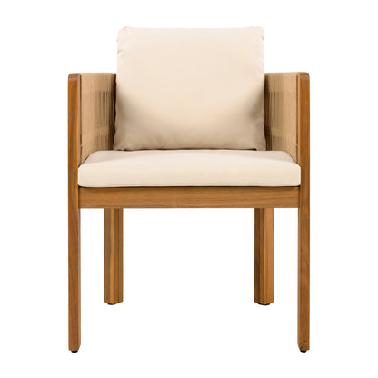 Acacia Wood Outdoor Dining Chairs 2-Pack with Brown Rope Handles, Washable Waterproof Beige Cushions, 400 lbs Capacity