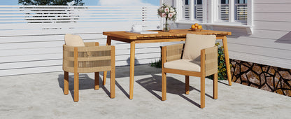 Acacia Wood Outdoor Dining Chairs 2-Pack with Brown Rope Handles, Washable Waterproof Beige Cushions, 400 lbs Capacity