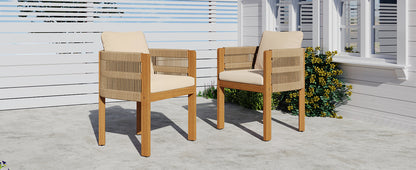 Acacia Wood Outdoor Dining Chairs 2-Pack with Brown Rope Handles, Washable Waterproof Beige Cushions, 400 lbs Capacity