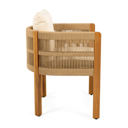 Acacia Wood Outdoor Dining Chairs 2-Pack with Brown Rope Handles, Washable Waterproof Beige Cushions, 400 lbs Capacity