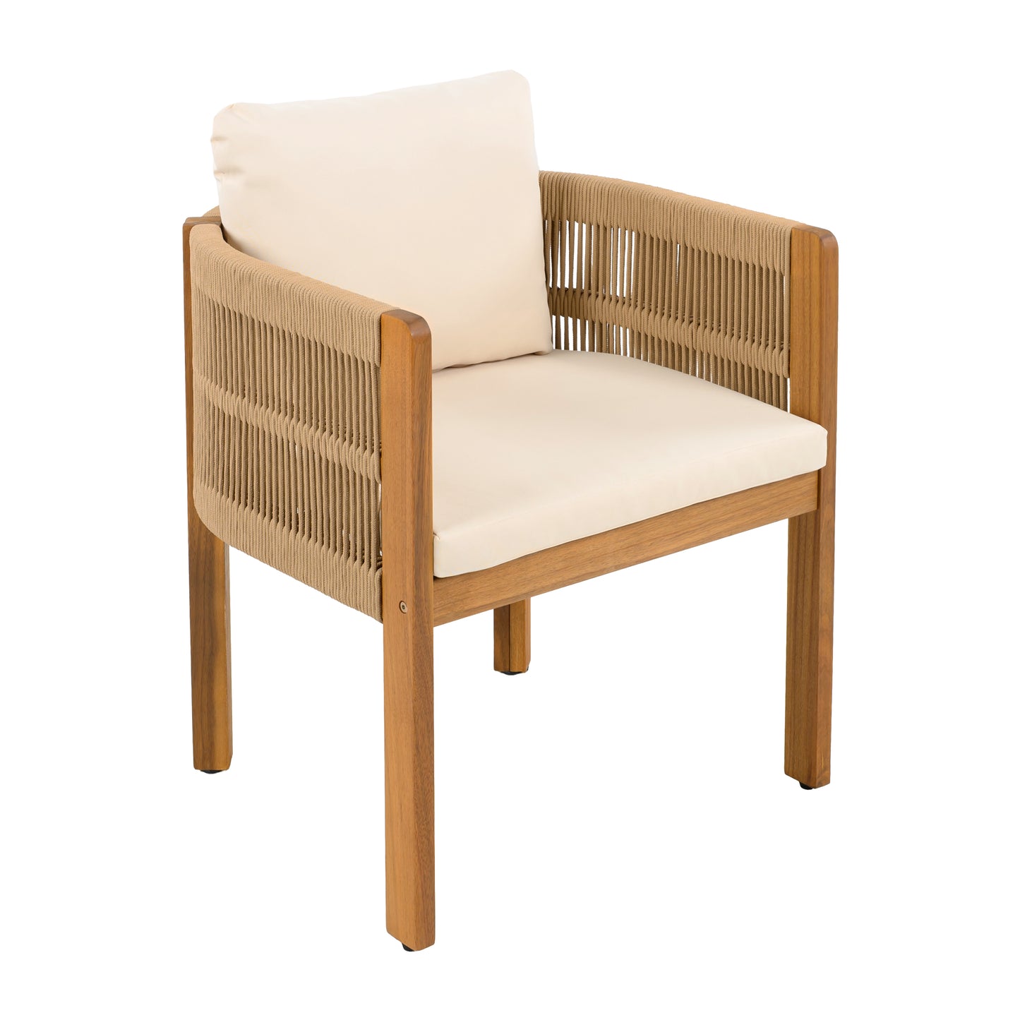 Acacia Wood Outdoor Dining Chairs 2-Pack with Brown Rope Handles, Washable Waterproof Beige Cushions, 400 lbs Capacity