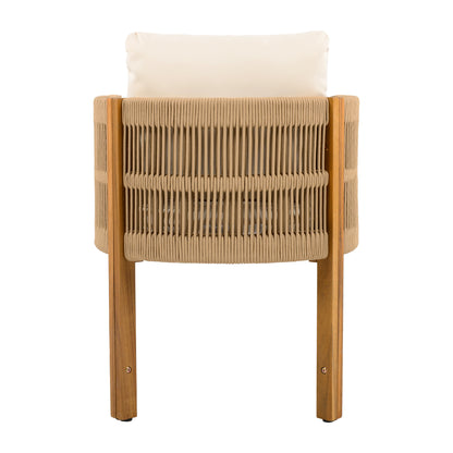 Acacia Wood Outdoor Dining Chairs 2-Pack with Brown Rope Handles, Washable Waterproof Beige Cushions, 400 lbs Capacity
