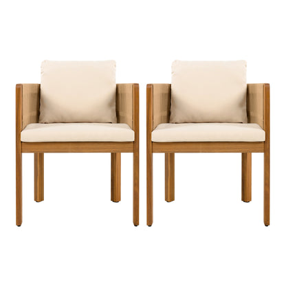Acacia Wood Outdoor Dining Chairs 2-Pack with Brown Rope Handles, Washable Waterproof Beige Cushions, 400 lbs Capacity