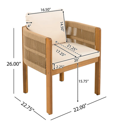 Acacia Wood Outdoor Dining Chairs 2-Pack with Brown Rope Handles, Washable Waterproof Beige Cushions, 400 lbs Capacity