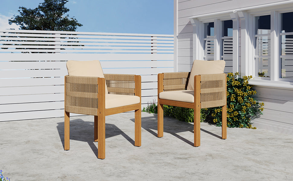 Acacia Wood Outdoor Dining Chairs 2-Pack with Brown Rope Handles, Washable Waterproof Beige Cushions, 400 lbs Capacity