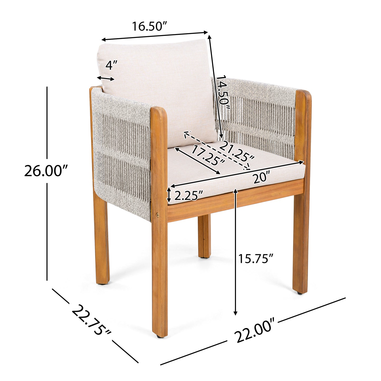 Acacia Wood Outdoor Dining Chairs 2-Pack with Mix White Rope Handles, Washable Waterproof Beige Cushions, 400 lbs Capacity