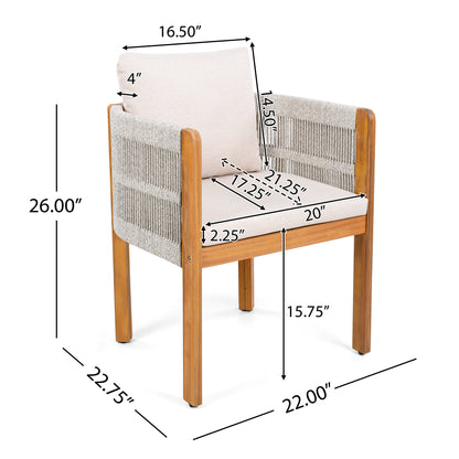 Acacia Wood Outdoor Dining Chairs 2-Pack with Mix White Rope Handles, Washable Waterproof Beige Cushions, 400 lbs Capacity