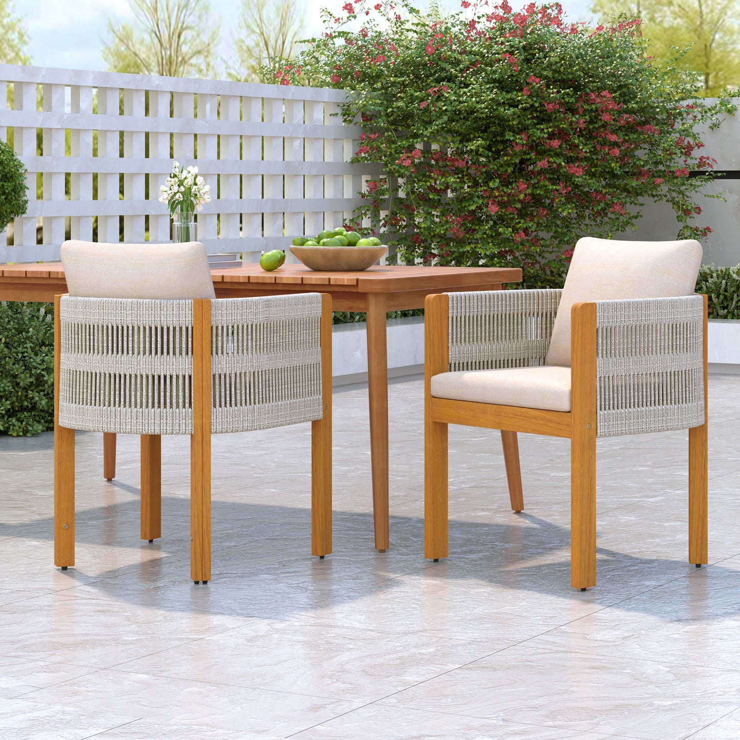 Acacia Wood Outdoor Dining Chairs 2-Pack with Mix White Rope Handles, Washable Waterproof Beige Cushions, 400 lbs Capacity
