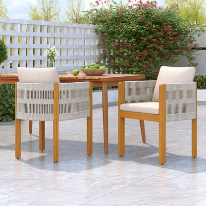 Acacia Wood Outdoor Dining Chairs 2-Pack with Mix White Rope Handles, Washable Waterproof Beige Cushions, 400 lbs Capacity