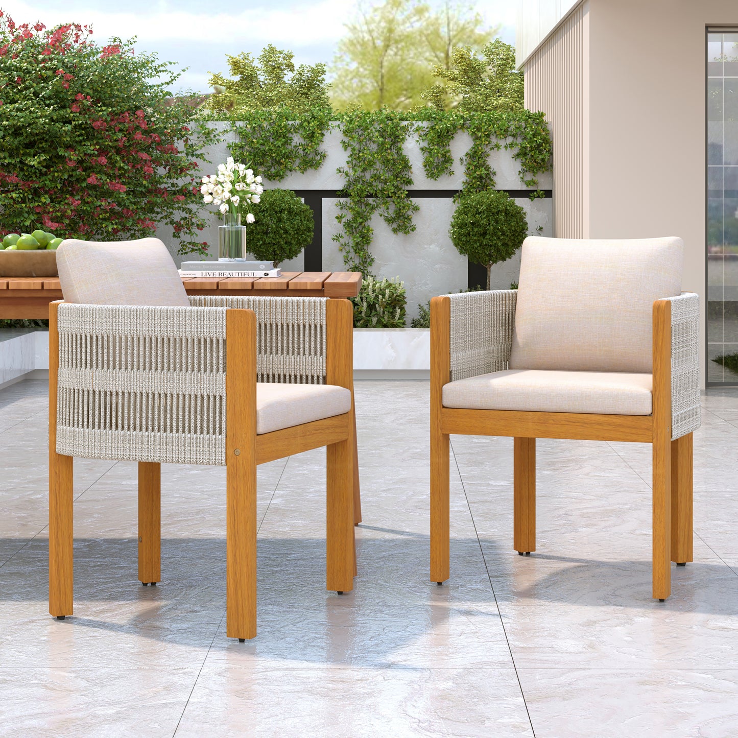 Acacia Wood Outdoor Dining Chairs 2-Pack with Mix White Rope Handles, Washable Waterproof Beige Cushions, 400 lbs Capacity