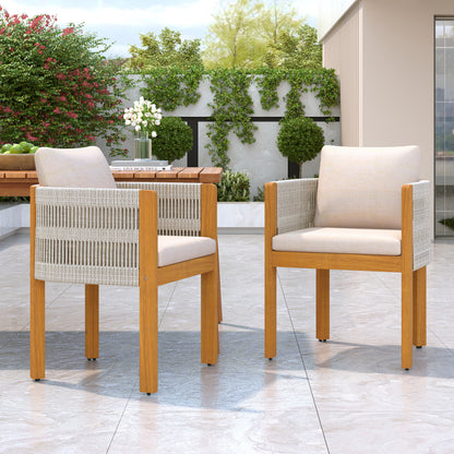 Acacia Wood Outdoor Dining Chairs 2-Pack with Mix White Rope Handles, Washable Waterproof Beige Cushions, 400 lbs Capacity