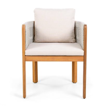 Acacia Wood Outdoor Dining Chairs 2-Pack with Mix White Rope Handles, Washable Waterproof Beige Cushions, 400 lbs Capacity