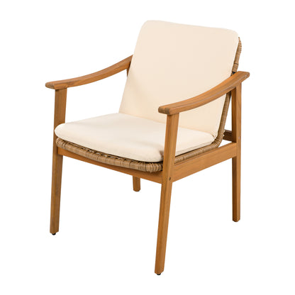 Outdoor Dining Chairs Set of 2, Teak Color Acacia Wood Frame, Brown PE Wicker, Beige Waterproof Cushion, Ideal for Patios, Gardens