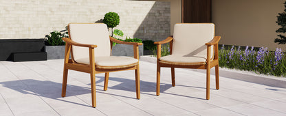 Outdoor Dining Chairs Set of 2, Teak Color Acacia Wood Frame, Brown PE Wicker, Beige Waterproof Cushion, Ideal for Patios, Gardens