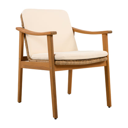 Outdoor Dining Chairs Set of 2, Teak Color Acacia Wood Frame, Brown PE Wicker, Beige Waterproof Cushion, Ideal for Patios, Gardens