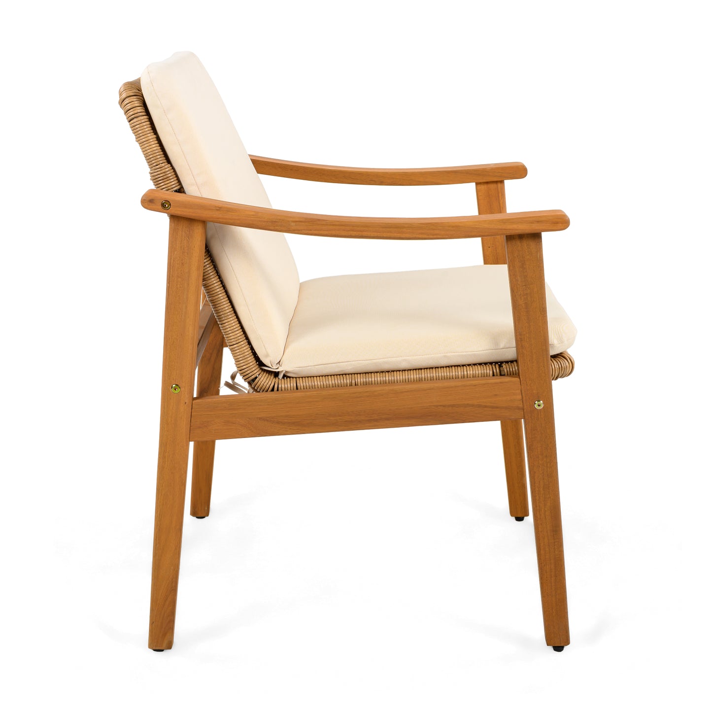 Outdoor Dining Chairs Set of 2, Teak Color Acacia Wood Frame, Brown PE Wicker, Beige Waterproof Cushion, Ideal for Patios, Gardens