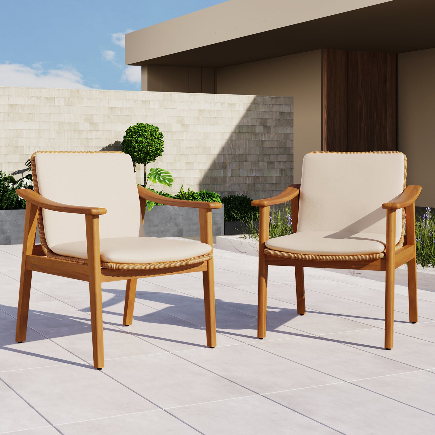 Outdoor Dining Chairs Set of 2, Teak Color Acacia Wood Frame, Brown PE Wicker, Beige Waterproof Cushion, Ideal for Patios, Gardens