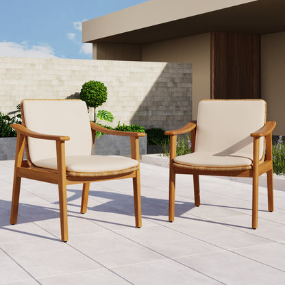 Outdoor Dining Chairs Set of 2, Teak Color Acacia Wood Frame, Brown PE Wicker, Beige Waterproof Cushion, Ideal for Patios, Gardens