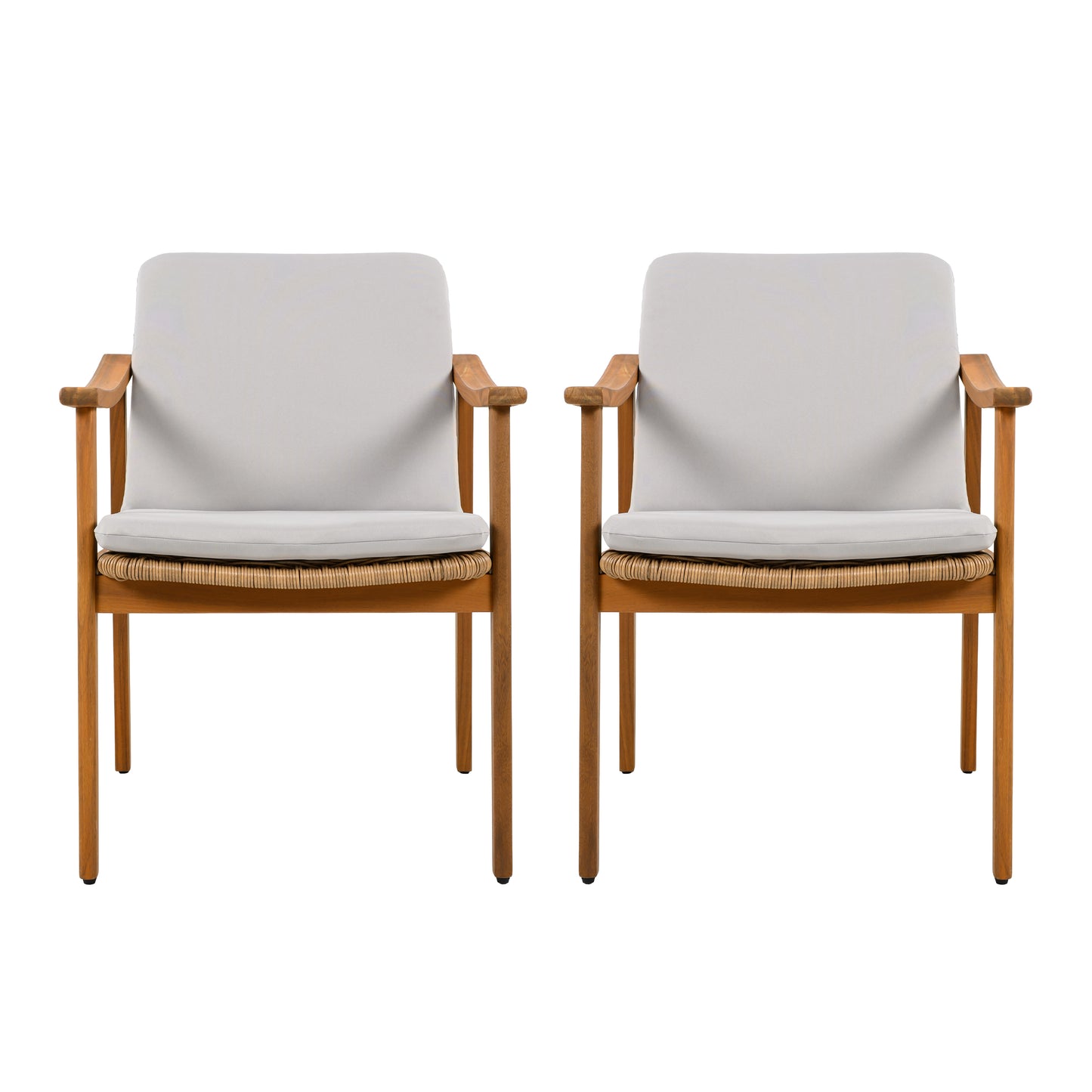 Outdoor Dining Chairs Set of 2, Teak Color Acacia Wood Frame, Brown PE Wicker, Grey Waterproof Cushion, Ideal for Patios, Gardens