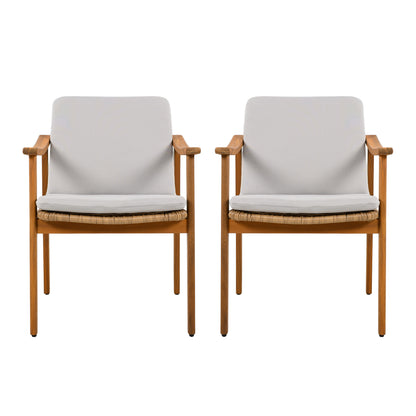 Outdoor Dining Chairs Set of 2, Teak Color Acacia Wood Frame, Brown PE Wicker, Grey Waterproof Cushion, Ideal for Patios, Gardens