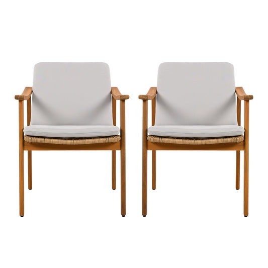 Outdoor Dining Chairs Set of 2, Teak Color Acacia Wood Frame, Brown PE Wicker, Grey Waterproof Cushion, Ideal for Patios, Gardens