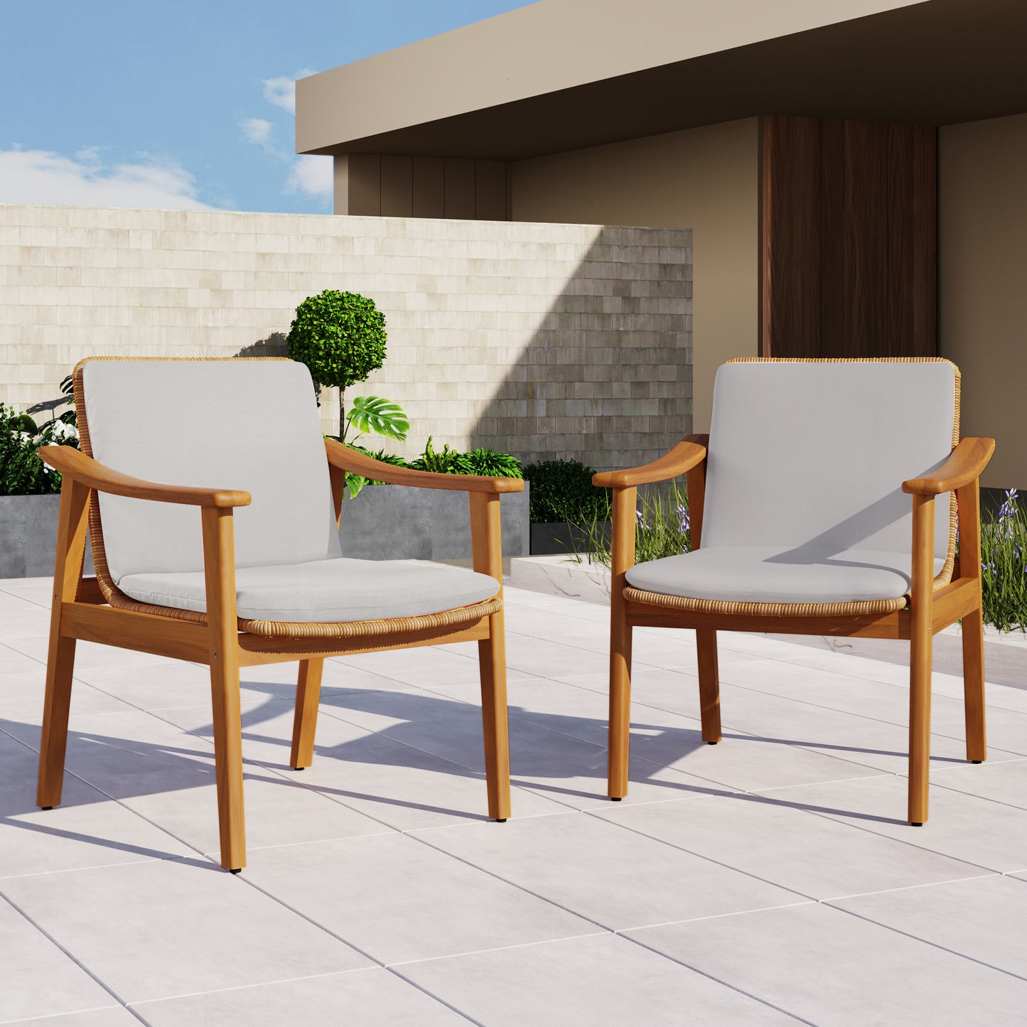 Outdoor Dining Chairs Set of 2, Teak Color Acacia Wood Frame, Brown PE Wicker, Grey Waterproof Cushion, Ideal for Patios, Gardens