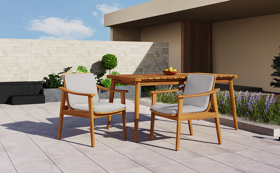 Outdoor Dining Chairs Set of 2, Teak Color Acacia Wood Frame, Brown PE Wicker, Grey Waterproof Cushion, Ideal for Patios, Gardens