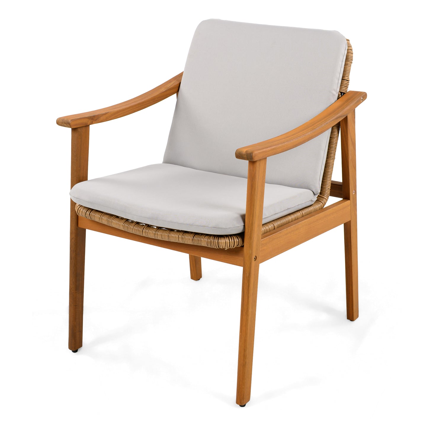 Outdoor Dining Chairs Set of 2, Teak Color Acacia Wood Frame, Brown PE Wicker, Grey Waterproof Cushion, Ideal for Patios, Gardens