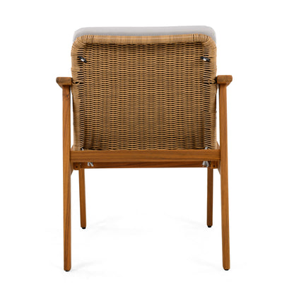 Outdoor Dining Chairs Set of 2, Teak Color Acacia Wood Frame, Brown PE Wicker, Grey Waterproof Cushion, Ideal for Patios, Gardens